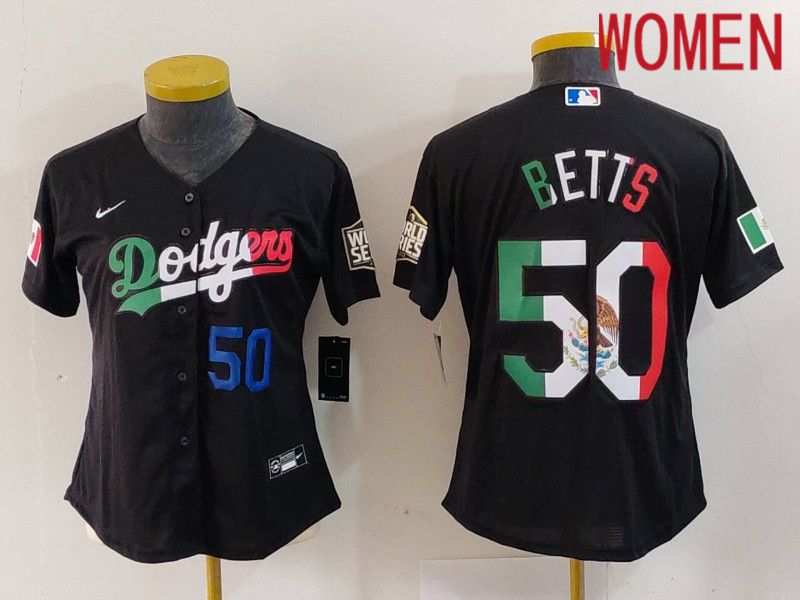 Women Los Angeles Dodgers #50 Betts Black Fashion Nike 2024 MLB Jersey style 7243->women mlb jersey->Women Jersey